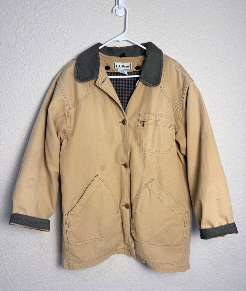 L.L. Bean Camel Canvas Chore Barn Coat Jacket Plaid Removable Liner Womens Large